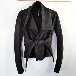 Rick Owens Lilies padded suede leather wrap with fold over funnel neck